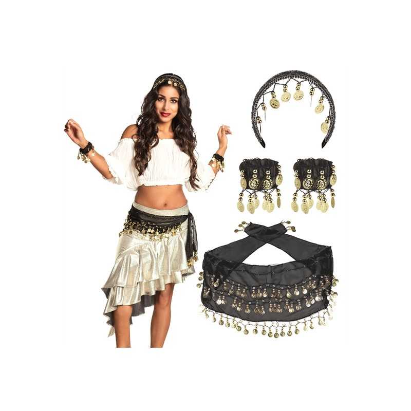 SET BELLY DANCE POUR DANSEUSE DU VENTRE NOIR CEINTURE 2 BRACELETS ET BANDEAU