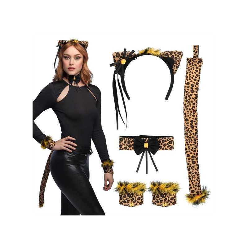 SET LEOPARD SERRE TETE TOUR DE COU 2 BRACELETS ET QUEUE