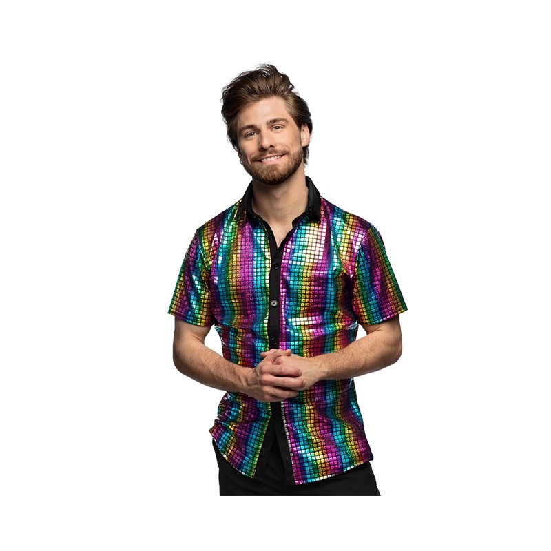 CHEMISE DISCO DIAMOND SEQUIN MULTICOLORE MANCHES COURTES TAILLE XL