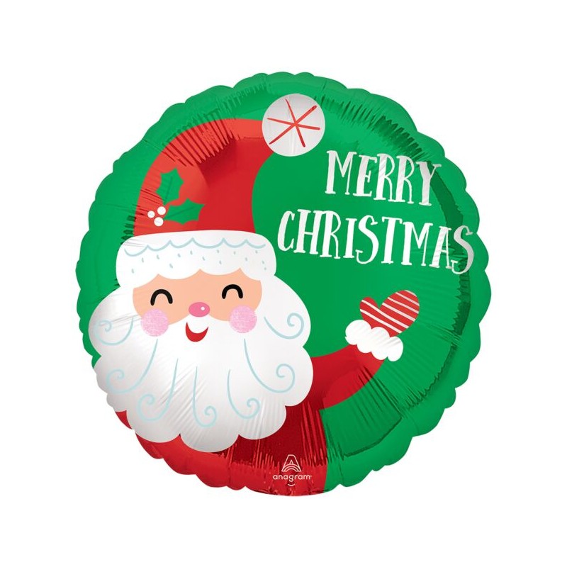 BALLON METALLIQUE ROND MERRY CHRISTMAS PERE NOEL SUR FOND VERT 43 CM 