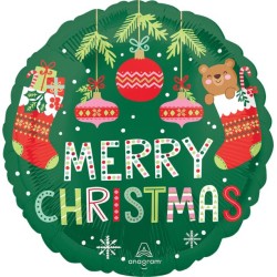 BALLON METALLIQUE ROND MERRY CHRISTMAS CHAUSSONS ET BOULES DE NOEL OURSON 43 CM