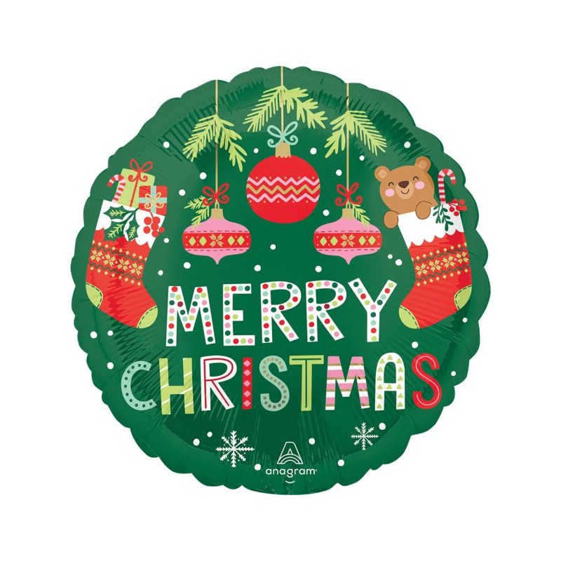 BALLON METALLIQUE ROND MERRY CHRISTMAS CHAUSSONS ET BOULES DE NOEL OURSON 43 CM 