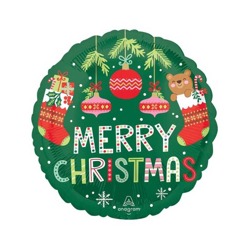 BALLON METALLIQUE ROND MERRY CHRISTMAS CHAUSSONS ET BOULES DE NOEL OURSON 43 CM 