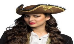 CHAPEAU TRICORNE PIRATE CORAL MARRON GALON OR DENTELLE NOIR