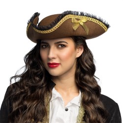 CHAPEAU TRICORNE PIRATE CORAL MARRON GALON OR DENTELLE NOIR