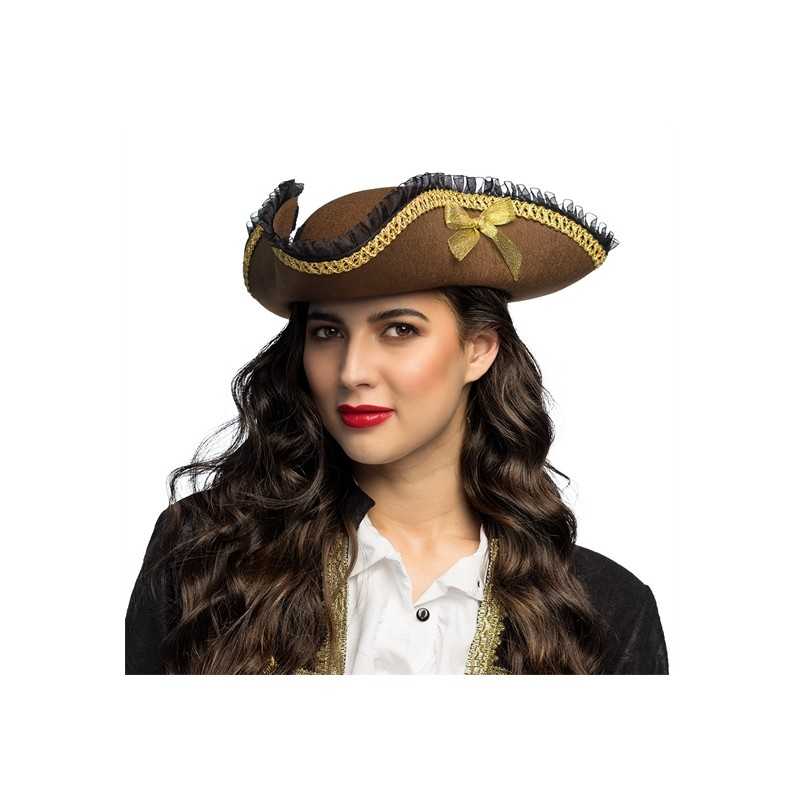 CHAPEAU TRICORNE PIRATE CORAL MARRON GALON OR DENTELLE NOIR