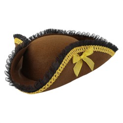 CHAPEAU TRICORNE PIRATE CORAL MARRON GALON OR DENTELLE NOIR