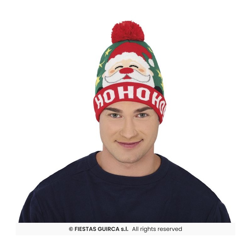 BONNET A POMPOM PERE NOEL HOHOHO! MOTIFS SUR FOND VERT