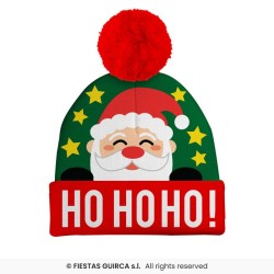 BONNET A POMPOM PERE NOEL HOHOHO! MOTIFS SUR FOND VERT