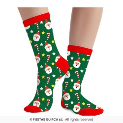 CHAUSSETTES THEME NOEL PERE NOEL ET CANDY CANNE SUR FOND VERT TAILLE 28 - 35
