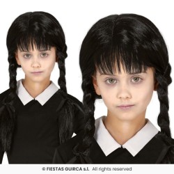 PERRUQUE MERCREDI 2 NATTES OU TRESSES NOIRES + FRANGE ENFANT