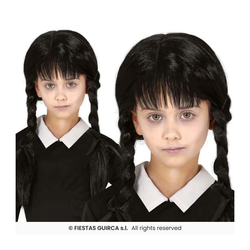 PERRUQUE MERCREDI 2 NATTES OU TRESSES NOIRES + FRANGE ENFANT