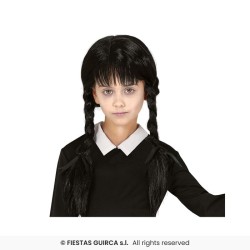 PERRUQUE MERCREDI 2 NATTES OU TRESSES NOIRES + FRANGE ENFANT