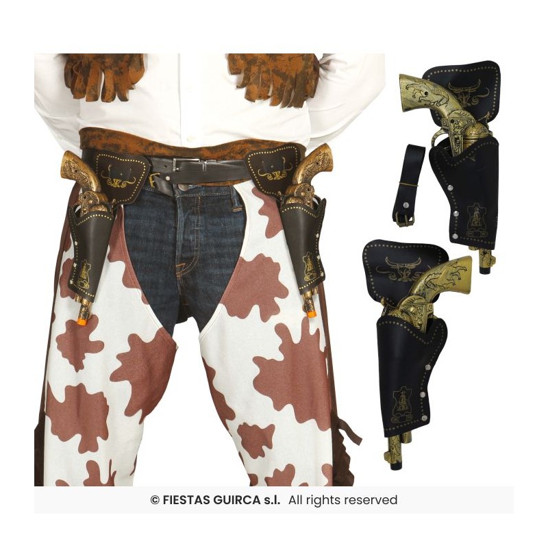 DOUBLE HOLSTER + CEINTURE + 2 PISTOLETS WESTERN ADULTE NOIR ET OR