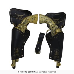 DOUBLE HOLSTER + CEINTURE + 2 PISTOLETS WESTERN ADULTE NOIR ET OR