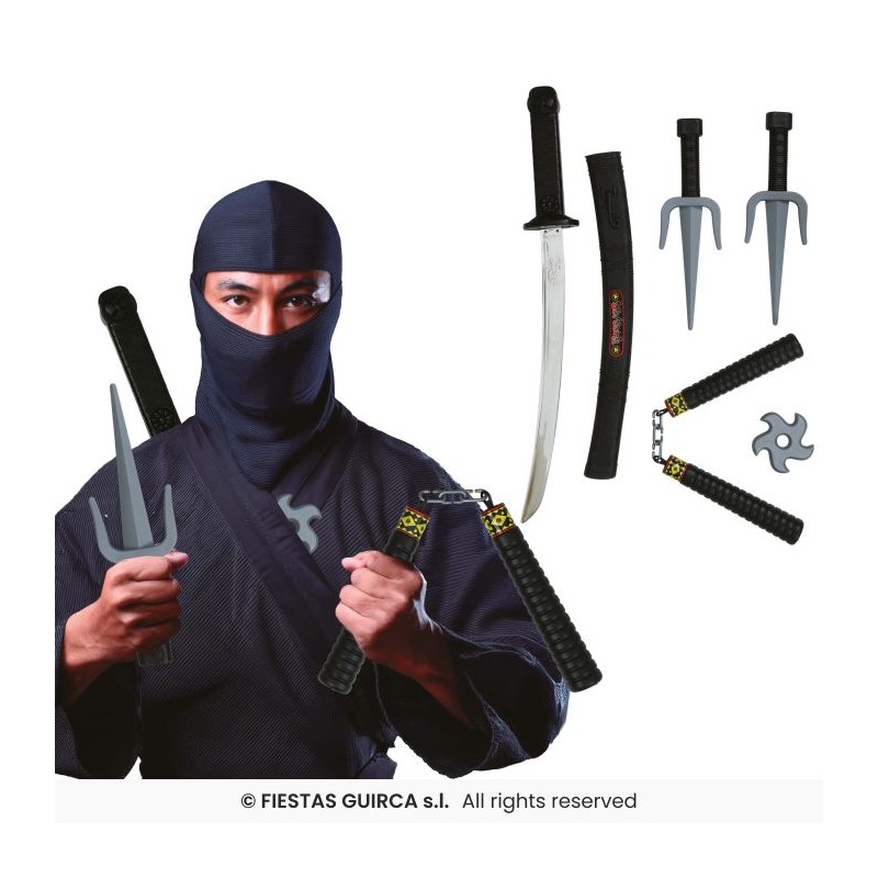 SET NINJA 5 PIECES EPEE AVEC FOURREAU SHURIKEN NUNCHAKU ET SAI