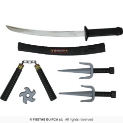 SET NINJA 5 PIECES EPEE AVEC FOURREAU SHURIKEN NUNCHAKU ET SAI