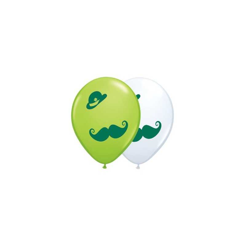 50 BALLONS 11" QUALATEX VERT ET BLANC MOUSTACHE SAINT PATRICK