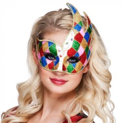LOUP OU DEMI MASQUE ARLEQUIN ASYMETRIQUE MULTICOLORE