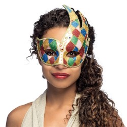 LOUP OU DEMI MASQUE ARLEQUIN ASYMETRIQUE MULTICOLORE