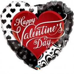 BALLON COEUR METALLIQUE ROUGE BLANC ET NOIR 91 CM