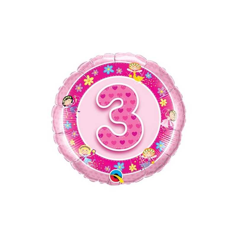 BALLON METALLIQUE ROND 3 ANS ROSE FEE 46 CM