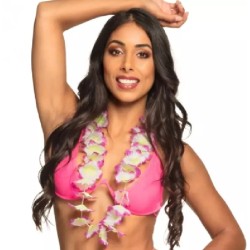 COLLIER HAWAIEN GROSSE FLEURS VIOLET ET BLANC