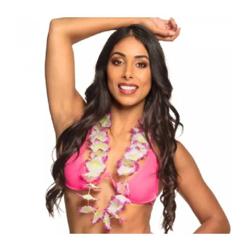 COLLIER HAWAIEN GROSSE FLEURS VIOLET ET BLANC