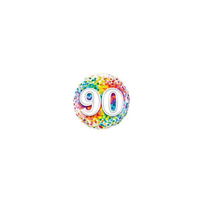 BALLON METALLIQUE CHIFFRE 90 CONFETTIS MULTICOLORE 46 CM