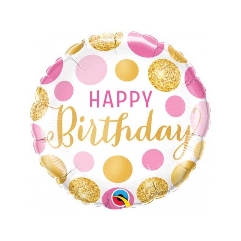 BALLON METALLIQUE ROND HAPPY BIRTHDAY BLANC ROSE ET OR 46 CM
