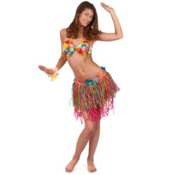 JUPE HAWAIENNE COURTE PAILLE MULTICOLORE SUR FOND ROSE