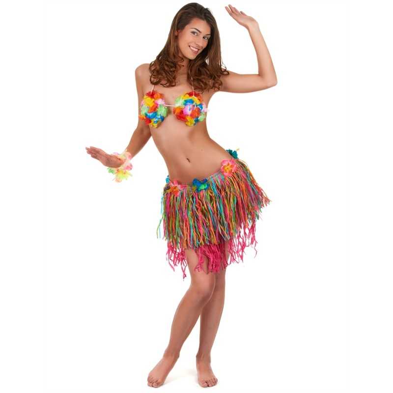 JUPE HAWAIENNE COURTE PAILLE MULTICOLORE SUR FOND ROSE
