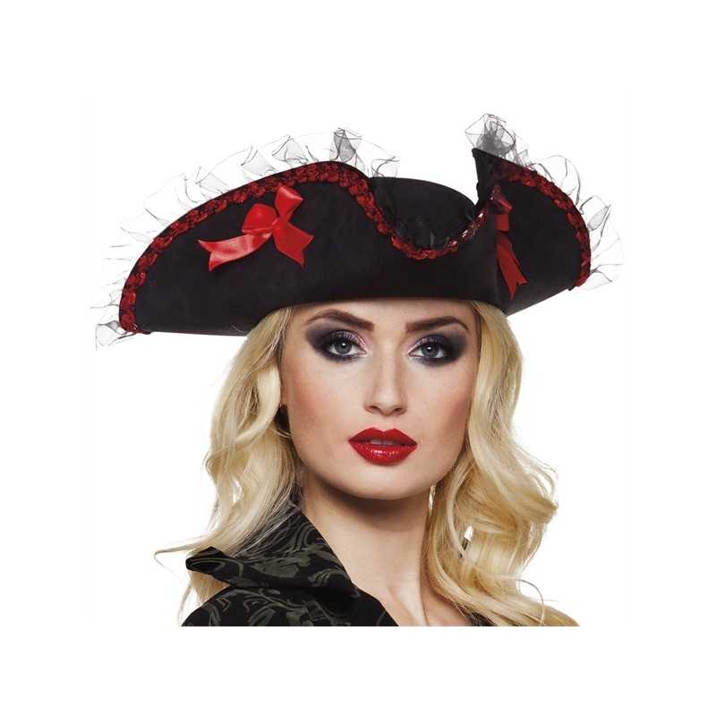 CHAPEAU PIRATE TRICORNE NOIR ET ROUGE AMIRAL RACHEL