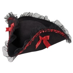 CHAPEAU PIRATE TRICORNE NOIR ET ROUGE AMIRAL RACHEL