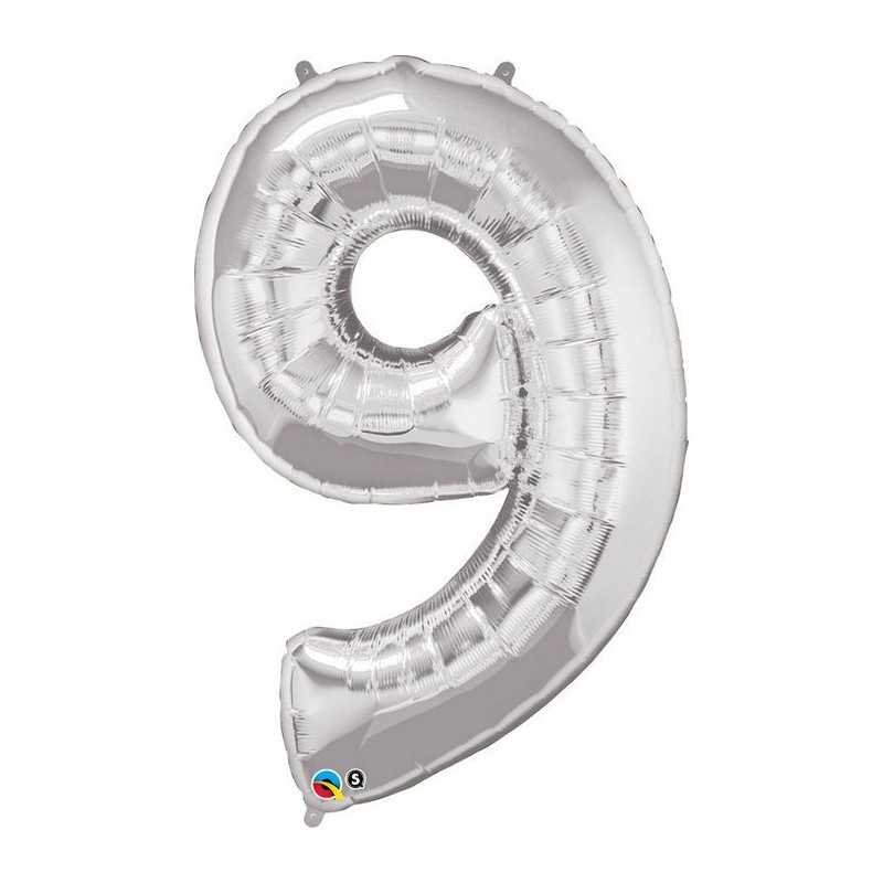 BALLON METALLIQUE CHIFFRE 9 ARGENT 86 CM