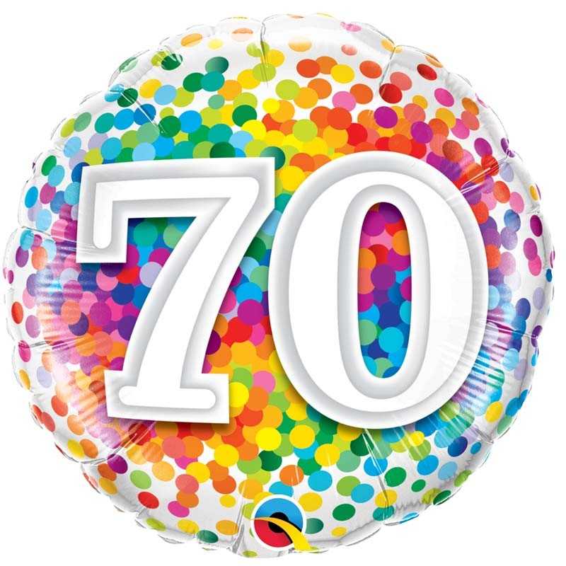BALLON METALLIQUE ANNIVERSAIRE CHIFFRE 70 CONFETTIS MULTICOLORE 46 CM