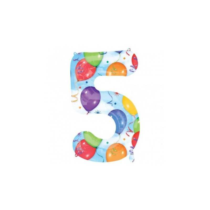 BALLON METALLIQUE CHIFFRE 5 MULTICOLORE ANNIVERSAIRE 86 CM