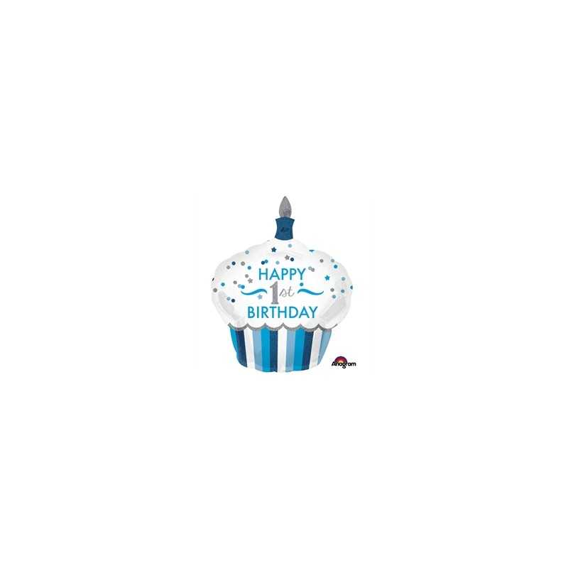 BALLON METALLIQUE CUPCAKE BOY BLEU HAPPY 1ST BIRTHDAY 73 X 91 CM