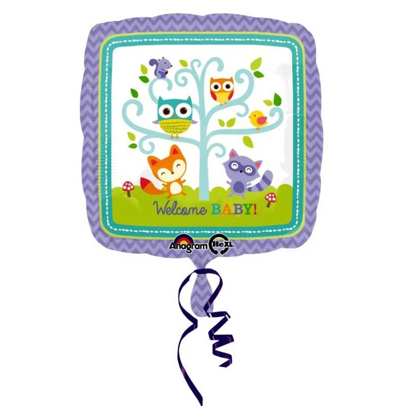 BALLON METALLIQUE CARRE WELCOME BABY WOODLAND 43 CM