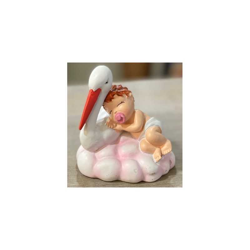 FIGURINE BEBE ROSE SUR CIGOGNE