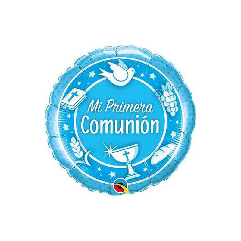 BALLON METALLIQUE ROND MI PRIMEIRA COMUNION BLEU 46 CM