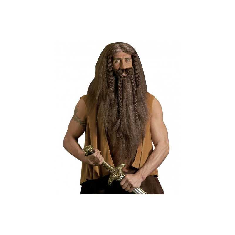 PERRUQUE + BARBE BARBARE AVEC TRESSES MARRON GRISE