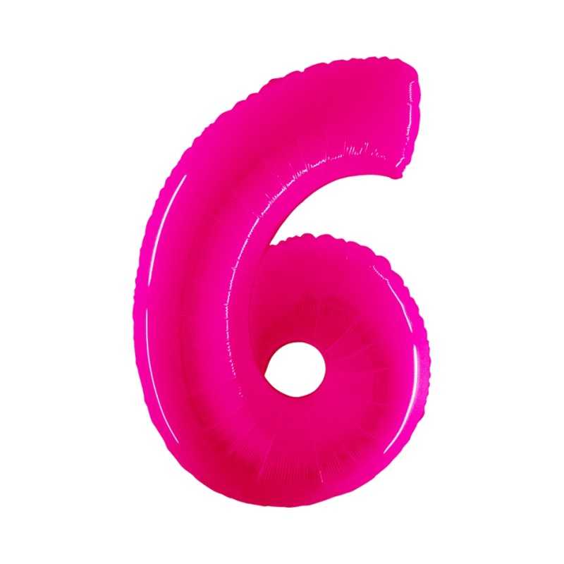 BALLON METALLIQUE CHIFFRE 6 ROSE FLUO 100 CM