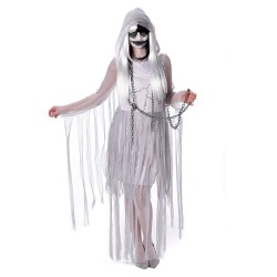 DEGUISEMENT DE FANTÔME ENCHAINEE PRISONNIERE ROBE BLANCHE LAMBEAUX TAILLE M