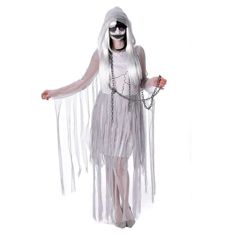 DEGUISEMENT DE FANTÔME ENCHAINEE PRISONNIERE ROBE BLANCHE LAMBEAUX TAILLE M