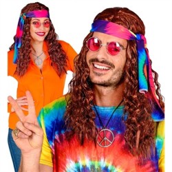 PERRUQUE HIPPIE MARRON AVEC BANDEAU TIE DYE