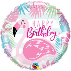 BALLON METALLIQUE ROND HAPPY BIRTHDAY AVEC FLAMANT ROSE 46 CM 