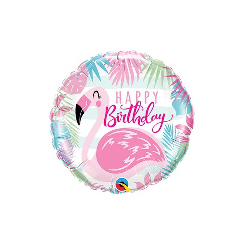 BALLON METALLIQUE ROND HAPPY BIRTHDAY AVEC FLAMANT ROSE 46 CM