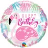 BALLON METALLIQUE ROND HAPPY BIRTHDAY AVEC FLAMANT ROSE 46 CM