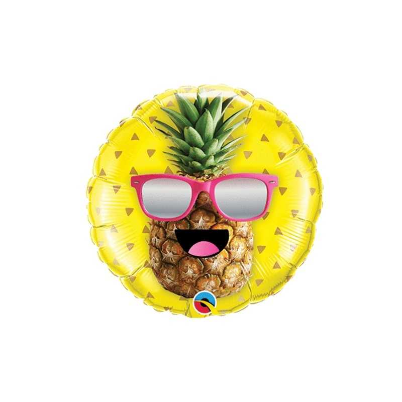 BALLON METALLIQUE ROND ANANAS A LUNETTES JAUNE 46 CM